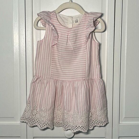GAP Kids Little Girl Sleeveless Flutter Accent Ticking Stripe Eyelet Trim Dress - Picture 1 of 9